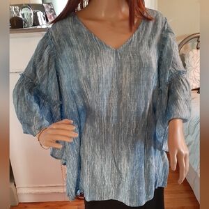 Cocomo Woman 3X blue flutter 18" bell sleeve drapey Beach Resort top